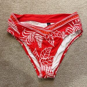 La Blanca Red and White Leaf Print Bikini Bottom